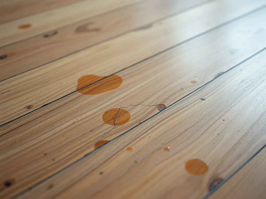 Close-up of a damaged wooden floor with scratches and water